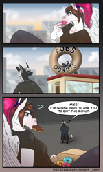 Size: 720x1200 | Tagged: safe, artist:sunny way, imported from derpibooru, oc, oc only, oc:lin'el feltesis, oc:sunny way, anthro, horse, ki'rinaes, original species, pegasus, art, artwork, comic, comic page, digital art, donut, duo, eating, female, food, furry, herbivore, iron man 2, lol, mare, parody, relaxing, sunrise, tired as fuck, town, wings