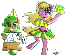 Size: 5253x4537 | Tagged: safe, artist:scarlett-letter, imported from derpibooru, oc, oc only, oc:muddy, oc:twisted ankle, earth pony, pony, cheerleader, cheerleader outfit, clothes, cute, dunce hat, hat, pom pom, sign, simple background, sketch, sports bra, transparent background