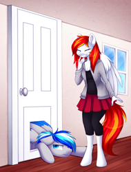 Size: 2241x2942 | Tagged: safe, artist:scarlet-spectrum, imported from derpibooru, oc, oc only, oc:diamond sun, oc:hawker hurricane, anthro, pegasus, pony, unguligrade anthro, series:pet hawk, annoyed, anthro with ponies, clothes, commission, door, female, hawkmond, laughing, male, mare, skirt, stallion, story included, stuck, wings