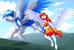 Size: 1254x849 | Tagged: safe, artist:scarlet-spectrum, imported from derpibooru, oc, oc:diamond sun, oc:hawker hurricane, anthro, pegasus, pony, unguligrade anthro, series:pet hawk, anthro with ponies, belly button, bikini, clothes, commission, female, flying, hawkmond, male, mare, midriff, sarong, stallion, swimsuit