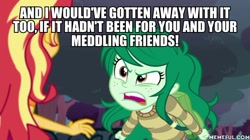 Size: 600x337 | Tagged: safe, edit, edited screencap, imported from derpibooru, screencap, sunset shimmer, wallflower blush, equestria girls, equestria girls series, forgotten friendship, caption, image macro, scooby doo, text