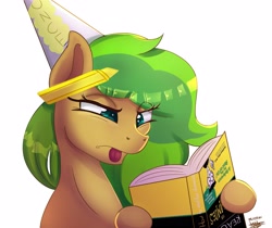 Size: 3447x2894 | Tagged: safe, artist:scarlett-letter, imported from derpibooru, oc, oc only, oc:muddy, earth pony, pony, book, commission, confused, dunce hat, for dummies, hat, highlighter, solo