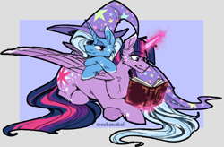 Size: 1618x1062 | Tagged: safe, artist:mechanakal, imported from derpibooru, trixie, twilight sparkle, alicorn, book, cape, clothes, female, hat, lesbian, magic, shipping, telekinesis, trixie's cape, trixie's hat, twilight sparkle (alicorn), twixie