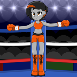 Size: 1200x1200 | Tagged: safe, artist:toyminator900, imported from derpibooru, oc, oc:dusk strike, equestria girls, belly button, boxing, boxing ring, clothes, gloves, midriff, sports, sports bra