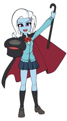 Size: 662x1200 | Tagged: safe, artist:nekojackun, imported from derpibooru, trixie, equestria girls, anime, cane, cape, clothes, crossover, hat, pleated skirt, school uniform, skirt, socks, tejina senpai, top hat