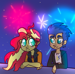 Size: 963x946 | Tagged: safe, artist:northernlightsone, imported from derpibooru, flash sentry, sunset shimmer, equestria girls, blushing, clothes, female, fireworks, flashimmer, jacket, leather jacket, looking at each other, male, night, shipping, shirt, sky, straight, t-shirt