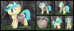 Size: 4110x1754 | Tagged: safe, artist:peruserofpieces, imported from derpibooru, oc, oc:sunrise sentry, unicorn, bag, irl, looking at you, male, photo, plushie, saddle bag, smiling, stallion, standing, tree