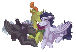 Size: 3200x2200 | Tagged: safe, artist:kikirdcz, imported from derpibooru, soarin', thorax, thunderlane, changedling, changeling, pegasus, pony, backwards cutie mark, blushing, commission, crack shipping, cute, eyes closed, gay, grin, king thorax, kissing, lying down, male, polyamory, prone, shipping, simple background, smiling, soarilane, soarinbetes, stallion, thunderbetes, transparent background