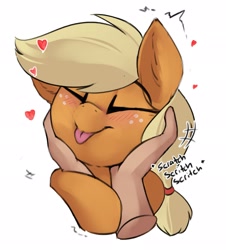 Size: 1855x2048 | Tagged: safe, alternate version, artist:beardie, imported from derpibooru, applejack, earth pony, human, pony, :p, alternate character, beardies scritching ponies, blushing, commission, commissioner:raritybro, cute, disembodied hand, eyes closed, hand, heart, human on pony petting, jackabetes, petting, smiling, solo, tongue out, ych result
