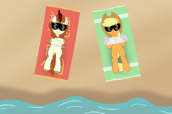 Size: 1500x1000 | Tagged: safe, artist:mightyshockwave, imported from derpibooru, applejack, autumn blaze, earth pony, kirin, pony, applejack's hat, beach, beach towel, cowboy hat, female, freckles, hat, mare, smiling, sunbathing, sunglasses, towel