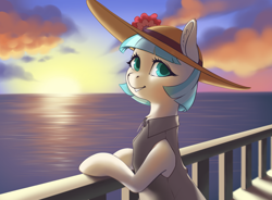 Size: 2556x1878 | Tagged: safe, artist:taytinabelle, imported from derpibooru, coco pommel, earth pony, pony, beautiful, clothes, cloud, detailed background, ear fluff, female, hat, looking at you, looking back, looking back at you, mare, railing, scenery, smiling, solo, sunset, vest, water