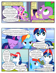 Size: 612x792 | Tagged: safe, artist:newbiespud, edit, edited screencap, imported from derpibooru, screencap, princess cadance, rainbow dash, shining armor, spike, twilight sparkle, dragon, pony, unicorn, comic:friendship is dragons, baseball cap, cap, comic, dialogue, eyelashes, eyes closed, female, frown, hat, hoof shoes, horn, lidded eyes, looking up, male, mare, raised hoof, screencap comic, stallion, unicorn twilight, wings