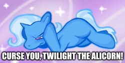 Size: 1591x807 | Tagged: safe, artist:cutegargoyle, artist:emailemoji, edit, imported from derpibooru, trixie, pony, unicorn, caption, female, image macro, imgflip, implied twilight sparkle, mare, missing cutie mark, text