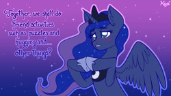 Size: 1920x1080 | Tagged: safe, artist:koapony, imported from derpibooru, princess luna, alicorn, pony, friendship is witchcraft, blushing, cute, female, mare, quote