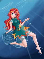 Size: 1280x1701 | Tagged: safe, artist:scs-g3-n17, imported from derpibooru, sunset shimmer, equestria girls, barefoot, bubble, clothes, dress, feet, female, human coloration, solo, underwater