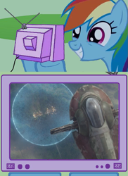 Size: 561x770 | Tagged: safe, imported from derpibooru, rainbow dash, exploitable meme, meme, obligatory pony, seismic charge, slave i, star wars, the mandalorian, tv meme