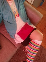 Size: 3456x4608 | Tagged: safe, imported from derpibooru, photographer:mr.sparkle, rainbow dash, human, equestria girls, clothes, cosplay, costume, couch, crossdressing, crossplay, cutie mark, irl, irl human, photo, rainbow socks, shorts, sitting, skirt, socks, solo, striped socks