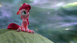Size: 3840x2160 | Tagged: safe, artist:xppp1n, imported from ponybooru, pinkie pie, earth pony, pony, 3d, blender, blender cycles, ears, female, floppy ears, frown, looking up, mare, moon, sitting, solo