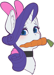 Size: 1313x1837 | Tagged: safe, artist:taytinabelle, derpibooru exclusive, imported from derpibooru, rarity, pony, unicorn, animal costume, bunny costume, bunny ears, bust, carrot, choker, clothes, collar, costume, ear fluff, female, food, looking at you, mare, mouth hold, simple background, solo, transparent background