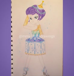 Size: 1080x1099 | Tagged: safe, artist:mmy_little_drawings, imported from derpibooru, rarity, equestria girls, the other side, arm behind head, bedroom eyes, carousel dress, clothes, dress, eyelashes, female, grin, high heels, shoes, skirt, smiling, solo, traditional art, watermark
