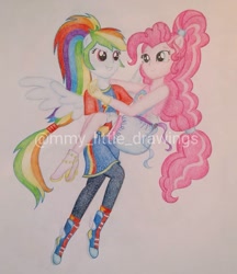 Size: 1079x1251 | Tagged: safe, artist:mmy_little_drawings, imported from derpibooru, pinkie pie, rainbow dash, equestria girls, boots, bridal carry, carrying, clothes, eyelashes, female, high heels, lesbian, pinkiedash, ponied up, shipping, shoes, skirt, smiling, traditional art, watermark