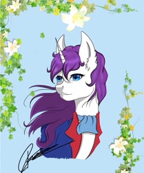 Size: 1080x1291 | Tagged: safe, artist:radiogaga.art, imported from derpibooru, knight shade, nightshade, pony, unicorn, bust, clothes, ear fluff, flower, g1, male, signature, stallion