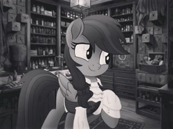 Size: 1080x802 | Tagged: safe, alternate version, artist:radiogaga.art, imported from derpibooru, oc, oc only, pegasus, pony, bow, clothes, eyelashes, female, grayscale, hair bow, indoors, mare, monochrome, pegasus oc, smiling, solo, story included, wings