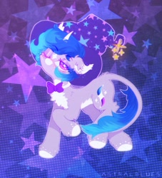 Size: 1364x1500 | Tagged: safe, artist:astralblues, imported from derpibooru, magic hat, oc, oc only, oc:astral blues, pony, unicorn, bow, chest fluff, coat markings, ear fluff, facial markings, hoof fluff, leg fluff, one eye closed, solo, star (coat marking), wink