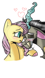 Size: 540x938 | Tagged: safe, artist:cocolove2176, imported from derpibooru, discord, fluttershy, draconequus, pegasus, pony, blushing, bust, colored hooves, crying, discoshy, eyes closed, fangs, female, heart, male, mare, shipping, simple background, straight, white background