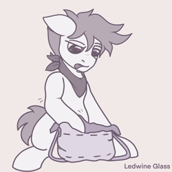 Size: 2048x2048 | Tagged: safe, artist:ledwine glass, imported from derpibooru, oc, earth pony, pony, bag, handkerchief, monochrome, searching, simple background, sitting, sketch, tongue out