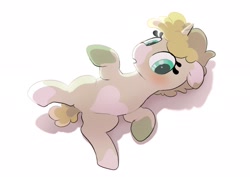 Size: 2048x1446 | Tagged: safe, artist:mochi_nation, imported from derpibooru, oc, oc only, oc:flannel tea, pony, unicorn, blushing, cute, female, lying down, mare, ocbetes, on back, overhead view, simple background, solo, white background