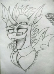 Size: 750x1024 | Tagged: safe, artist:maryhoovesfield, imported from derpibooru, oc, oc only, changeling, pony, changeling oc, clothes, ear fluff, glasses, grayscale, horn, monochrome, necktie, signature, traditional art, wings