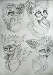 Size: 721x1024 | Tagged: safe, artist:maryhoovesfield, imported from derpibooru, oc, oc only, changeling, earth pony, pegasus, pony, bust, changeling oc, chest fluff, clothes, drool, ear fluff, earth pony oc, glasses, grayscale, horn, looking up, messy mane, monochrome, necktie, pegasus oc, shocked, signature, traditional art, wings