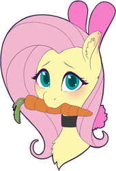 Size: 1324x1943 | Tagged: safe, artist:taytinabelle, derpibooru exclusive, imported from derpibooru, part of a set, fluttershy, pegasus, pony, animal costume, blushing, bunny costume, bunny ears, bunnyshy, bust, carrot, choker, clothes, collar, costume, cute, ear fluff, female, food, herbivore, looking at you, mare, mouth hold, shyabetes, simple background, solo, transparent background