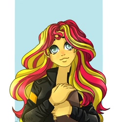 Size: 1022x1079 | Tagged: safe, alternate version, artist:h-i-m-o-z-a, imported from derpibooru, sunset shimmer, equestria girls, abstract background, book, bust, clothes, eyelashes, female, smiling