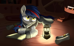 Size: 2160x1359 | Tagged: safe, artist:radiogaga.art, imported from derpibooru, oc, oc only, pony, base used, book, clothes, female, indoors, lamp, lantern, looking up, lying down, mare, prone, scroll, solo, story included, tired