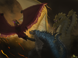 Size: 2732x2048 | Tagged: safe, artist:lordshrekzilla20, imported from derpibooru, kaiju, fanfic:the one true king, fanfic art, fight, godzilla, godzilla (series), king ghidorah, rodan, sombra eyes, story included