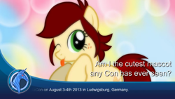 Size: 1280x720 | Tagged: safe, artist:jan, imported from derpibooru, screencap, oc, oc only, oc:canni soda, earth pony, pony, :p, bronybait, cannibetes, convention, cute, female, freckles, galacon, galacon 2013, looking at you, mare, mascot, ocbetes, one eye closed, question, smiling, solo, tongue out, wink, yes, youtube link