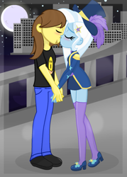 Size: 773x1080 | Tagged: safe, artist:grapefruit-face, imported from derpibooru, trixie, oc, oc:grapefruit face, equestria girls, equestria girls series, street magic with trixie, spoiler:eqg series (season 2), base used, blushing, canon x oc, city, cityscape, clothes, eyes closed, female, grapexie, hat, holding hands, jeans, kissing, male, moon, pants, photo, shipping, shirt, show accurate, socks, stockings, straight, t-shirt, thigh highs, water