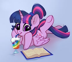 Size: 2180x1872 | Tagged: safe, artist:taneysha, imported from derpibooru, twilight sparkle, alicorn, pony, alternate hairstyle, book, bubble, chest fluff, cute, diabetes intensifies, drink, drinking, ear fluff, female, looking at something, looking down, lying down, mare, ponytail, prone, rainbow, reading, soda, solo, spread wings, straw, twiabetes, twilight sparkle (alicorn), underhoof, weapons-grade cute, wings