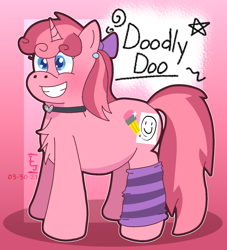 Size: 1404x1548 | Tagged: safe, artist:icecreamjaxxie, imported from derpibooru, oc, oc only, oc:doodly doo, pony, unicorn, chest fluff, clothes, collar, female, mare, paper, pencil, sleeve, smiley face, smiling, solo, stars, swirl, teeth, updated design