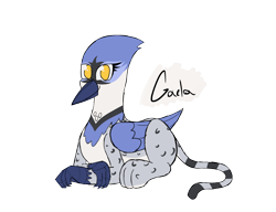 Size: 2600x2000 | Tagged: safe, artist:somber, imported from derpibooru, oc, oc only, oc:gaela, bird, blue jay, griffon, female, looking at you, lying down, simple background, solo, transparent background