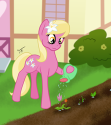 Size: 960x1080 | Tagged: safe, artist:tunrae, imported from derpibooru, lily, lily valley, earth pony, pony, background pony, building, bush, cutie mark, female, flower, flower in hair, garden, gardening, looking down, patreon, patreon link, tulip, watering can