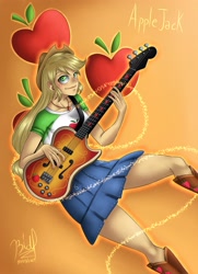 Size: 2893x3996 | Tagged: safe, artist:bidzinha, imported from derpibooru, applejack, equestria girls, applejack's hat, bass guitar, boots, clothes, cowboy hat, cutie mark background, female, freckles, geode of super strength, gradient background, guitar, hat, magical geodes, musical instrument, shoes, simple background, skirt, solo, solo female
