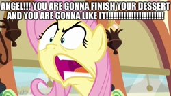 Size: 1280x720 | Tagged: safe, edit, edited screencap, imported from derpibooru, screencap, fluttershy, derpibooru, buckball season, angry, caption, dying for pie, image macro, implied angel bunny, juxtaposition, juxtaposition win, meme, meta, out of character, quote, reference, spongebob squarepants, spongebob squarepants (character), text, yelling