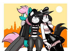 Size: 3570x2550 | Tagged: safe, artist:latexia, imported from derpibooru, oc, oc:cid, oc:isabelle incraft, oc:izzy, oc:selina rimaine, anthro, beret, black hair, clothes, female, hat, hug, male, mime, pink hair, skirt, sun