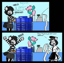 Size: 2713x2666 | Tagged: safe, artist:latexia, imported from derpibooru, oc, oc:cid, oc:isabelle incraft, oc:izzy, oc:selina rimaine, anthro, beret, cash register, checkout, clothes, comic, cookie, dialogue, extortion, female, food, grocery store, hat, male, mime, oreo, police, rubber, shopping cart, skirt, socks, stockings, text, thigh highs