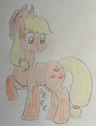 Size: 750x988 | Tagged: safe, artist:powerpup97, imported from derpibooru, applejack, earth pony, pony, applejack's hat, cowboy hat, female, hat, hunger, hungry, looking at belly, raised hoof, sketch, solo, starving, stomach growl, stomach noise, traditional art