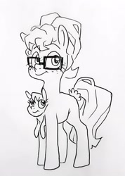 Size: 2035x2860 | Tagged: safe, artist:smirk, imported from derpibooru, oc, oc only, oc:katydid, oc:mayfly, conjoined, conjoined twins, freckles, full body, glasses, monochrome, traditional art