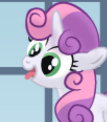 Size: 632x716 | Tagged: safe, artist:parallaxmlp, imported from derpibooru, screencap, sweetie belle, pony, unicorn, comic:cutie-prank crusaders, cropped, cute, diasweetes, female, filly, funny, low quality, needs more jpeg, pixelated, reaction image, show accurate, solo, tongue out